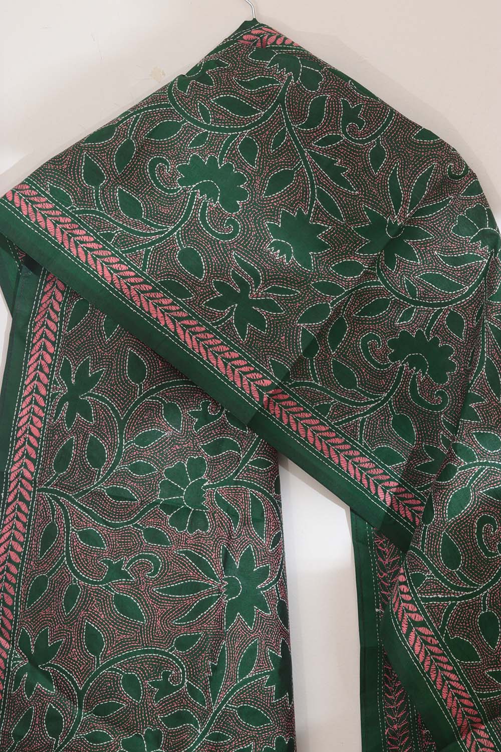 Exquisite Green Hand Embroidered Kantha Pure Bangalore Silk Stole - Luxurion World
