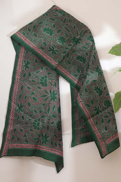Exquisite Green Hand Embroidered Kantha Pure Bangalore Silk Stole - Luxurion World