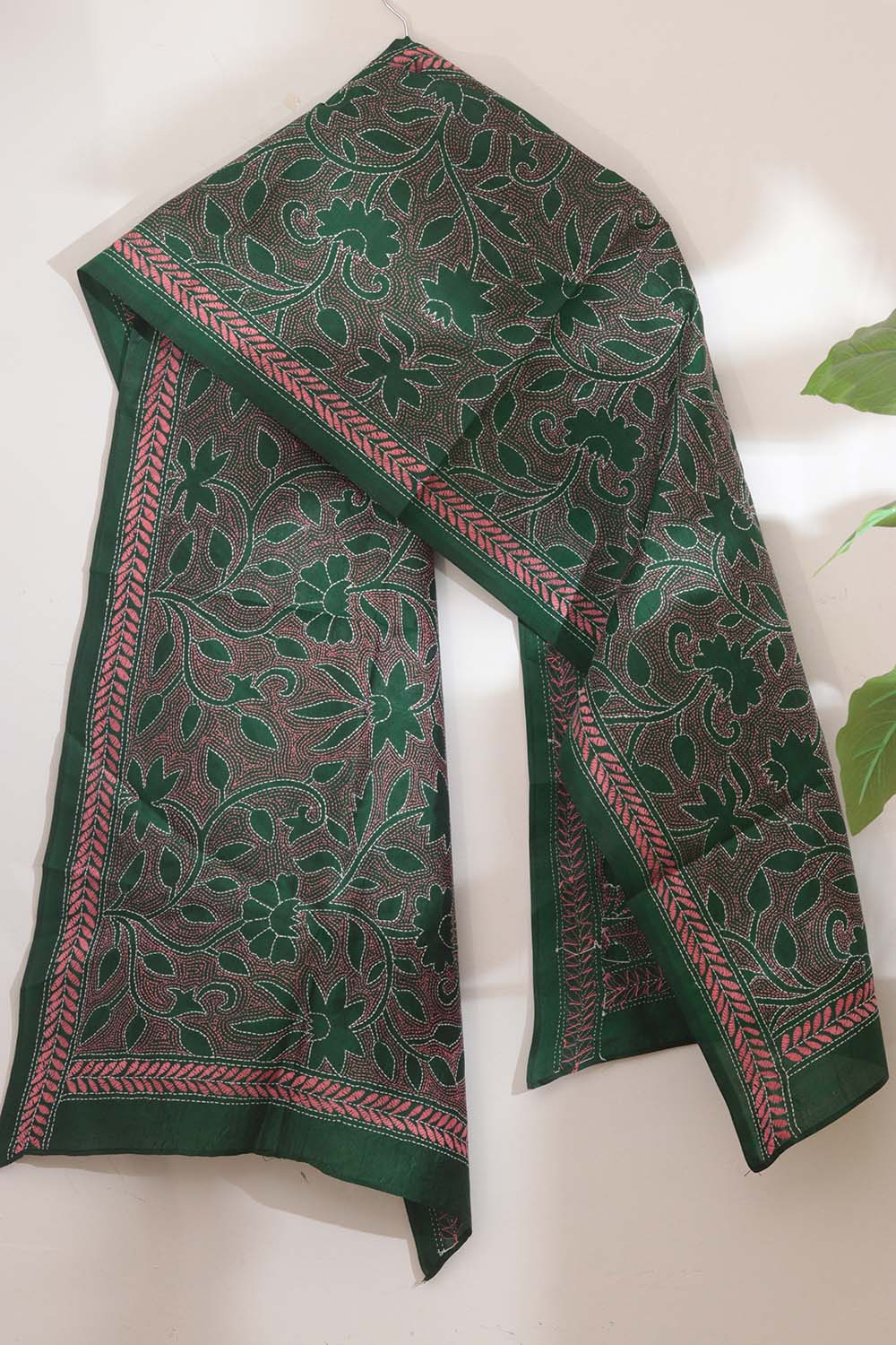 Exquisite Green Hand Embroidered Kantha Pure Bangalore Silk Stole - Luxurion World