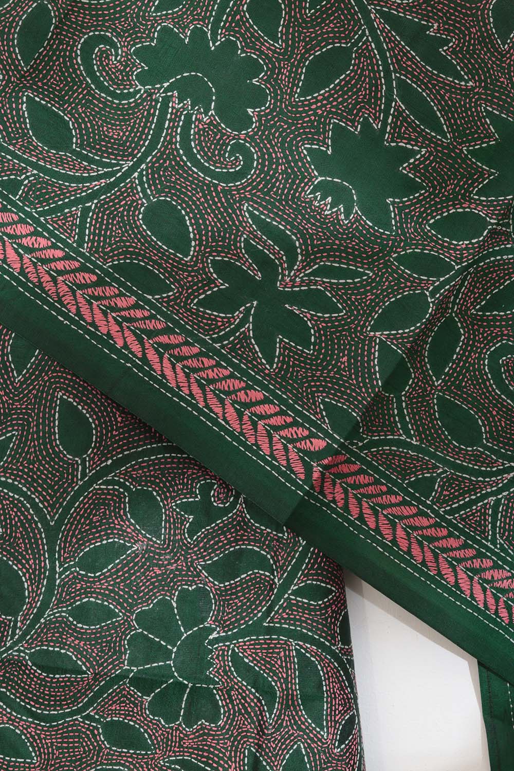 Exquisite Green Hand Embroidered Kantha Pure Bangalore Silk Stole - Luxurion World