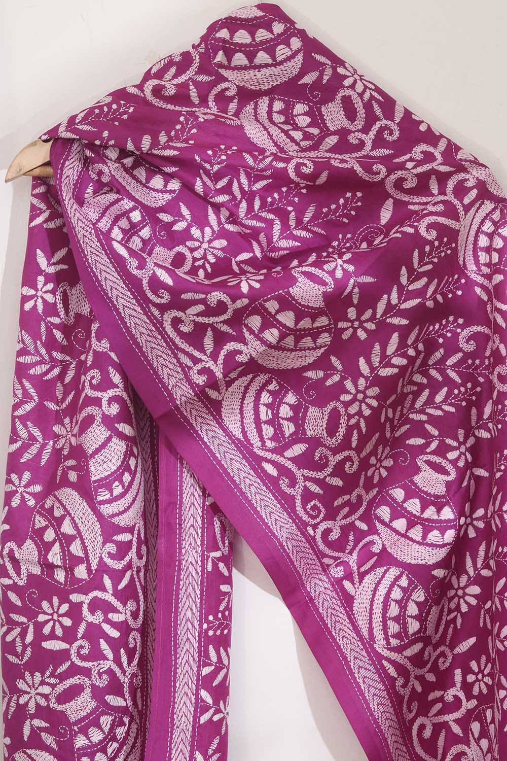 Exquisite Pink Kantha Silk Stole: Hand-Embroidered Elegance - Luxurion World