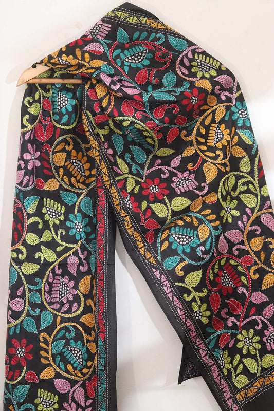 Black Hand Embroidered Kantha Pure Bangalore Silk Stole: Luxurious Elegance for Every Occasion - Luxurion World