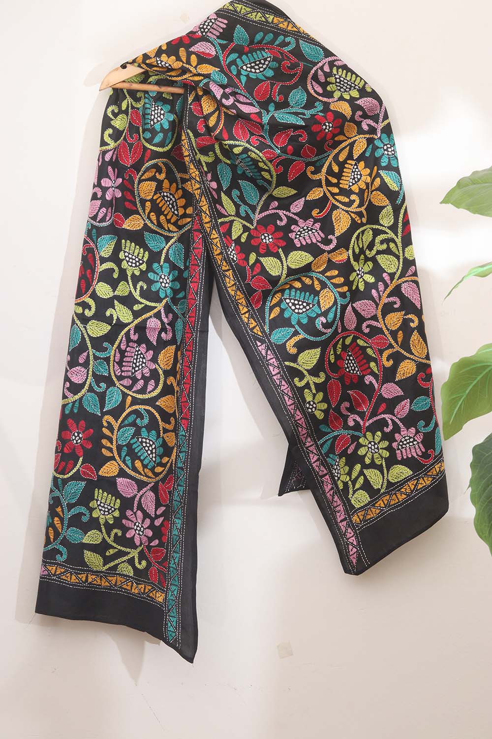 Black Hand Embroidered Kantha Pure Bangalore Silk Stole: Luxurious Elegance for Every Occasion - Luxurion World