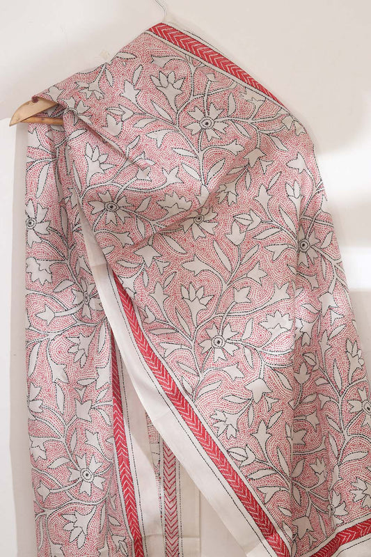 Elegant Off White Kantha Silk Stole with Hand Embroidery - Luxurion World
