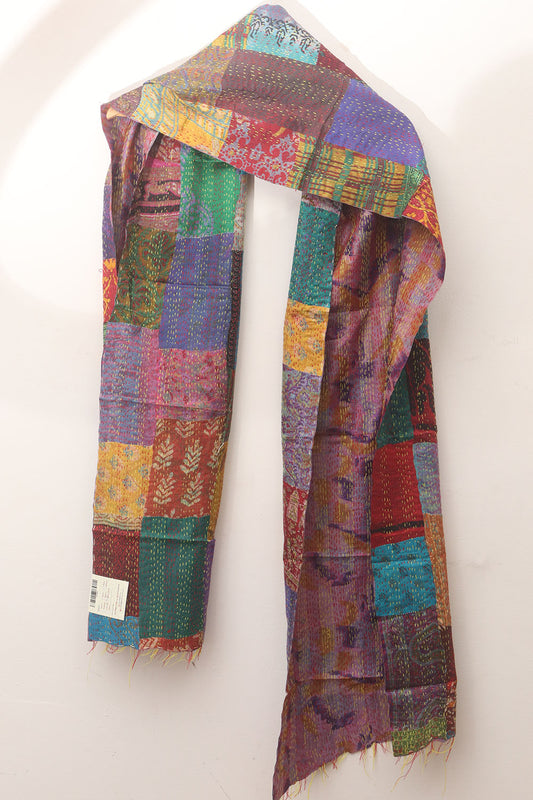 Multicolor Hand Embroidered Kantha Pure Silk Reversible Stole - Luxurion World
