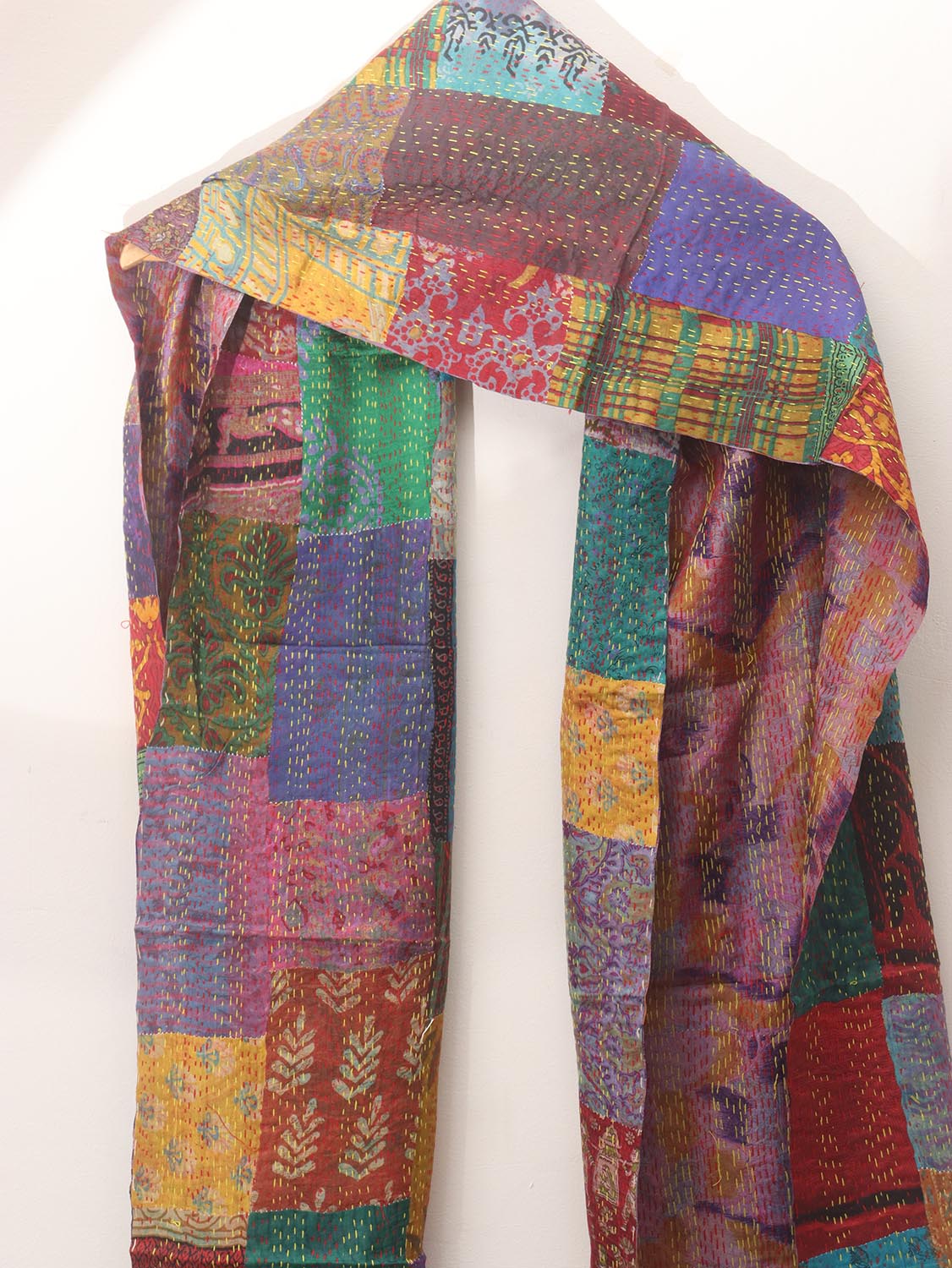 Multicolor Hand Embroidered Kantha Pure Silk Reversible Stole - Luxurion World