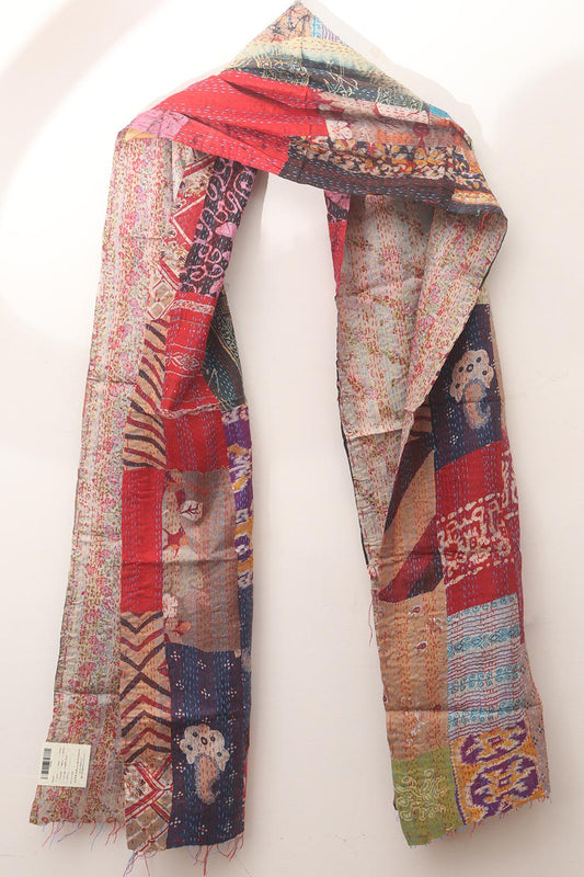 Multicolor Hand Embroidered Kantha Pure Silk Reversible Stole - Luxurion World