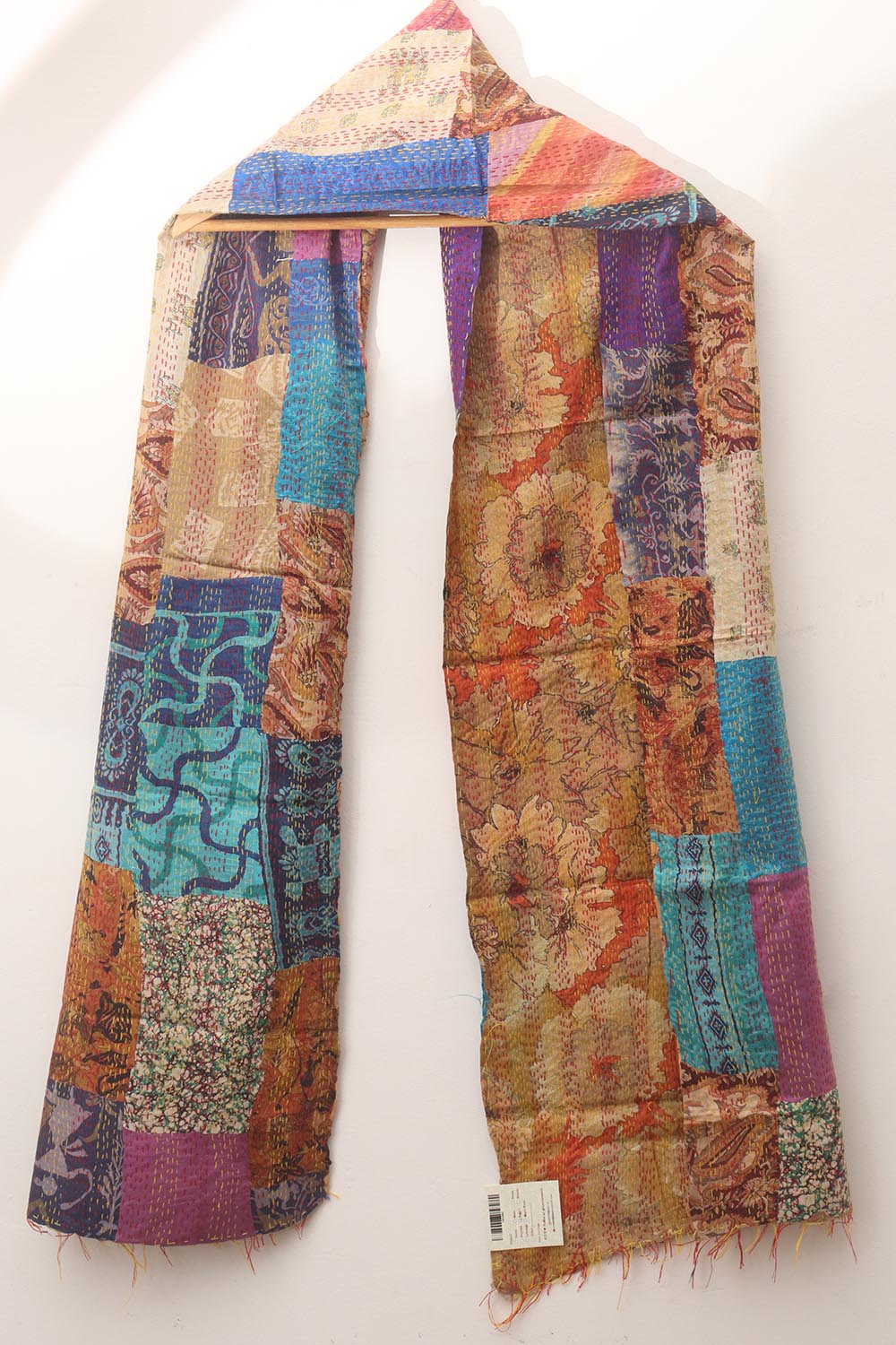 Multicolor Hand Embroidered Kantha Pure Silk Reversible Stole - Luxurion World