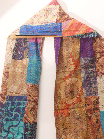 Multicolor Hand Embroidered Kantha Pure Silk Reversible Stole - Luxurion World