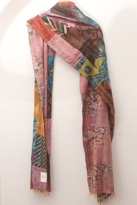 Multicolor Hand Embroidered Kantha Pure Silk Reversible Stole - Luxurion World