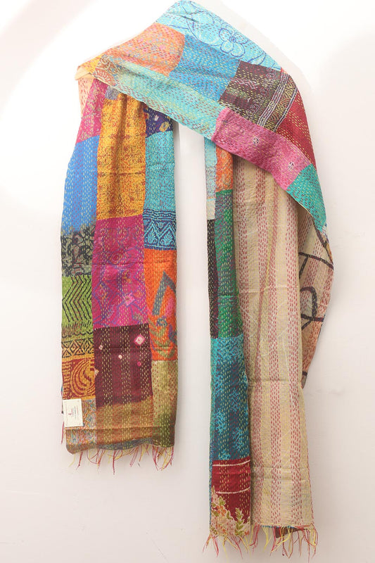Multicolor Hand Embroidered Kantha Pure Silk Reversible Stole - Luxurion World
