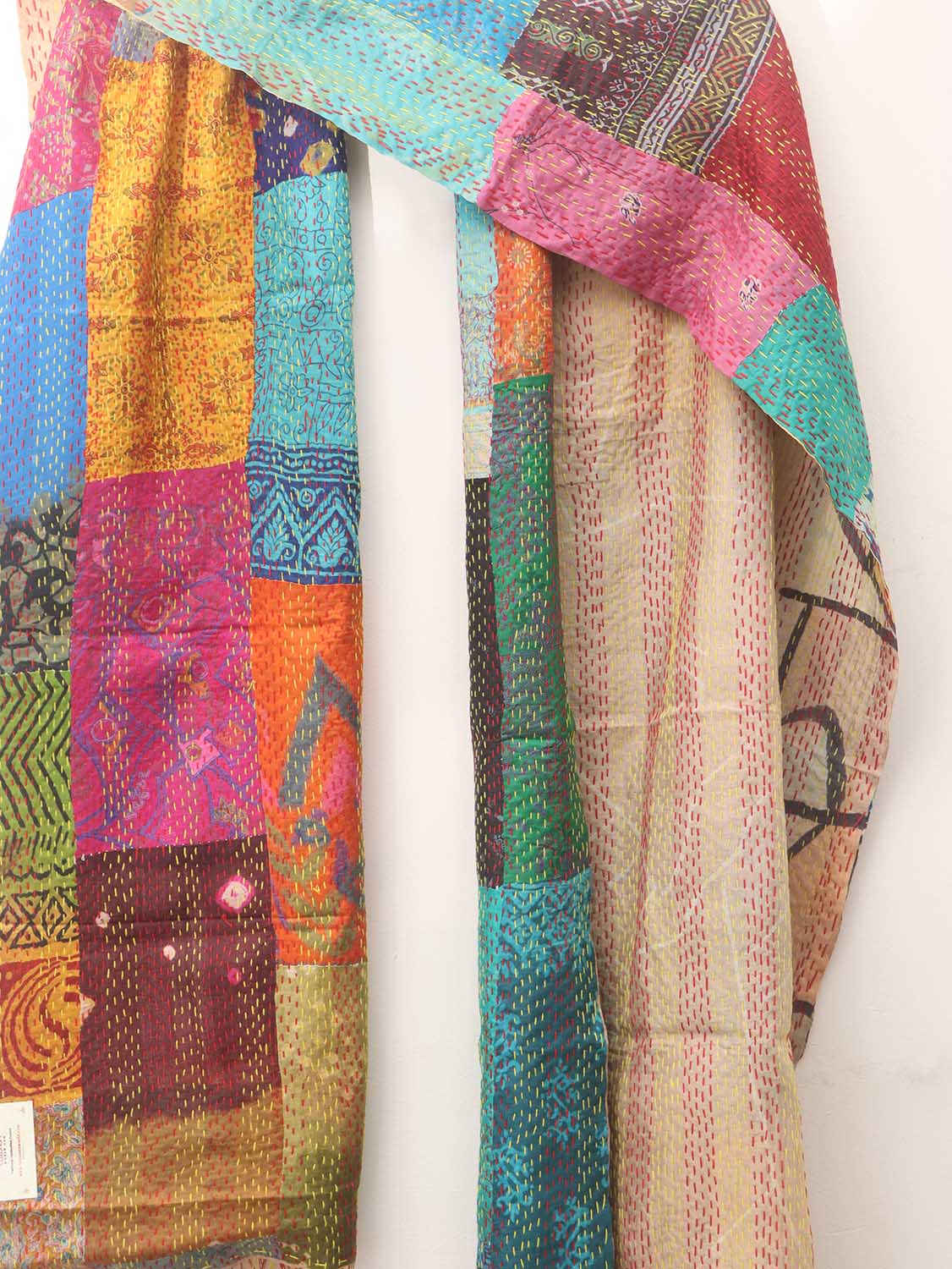 Multicolor Hand Embroidered Kantha Pure Silk Reversible Stole - Luxurion World