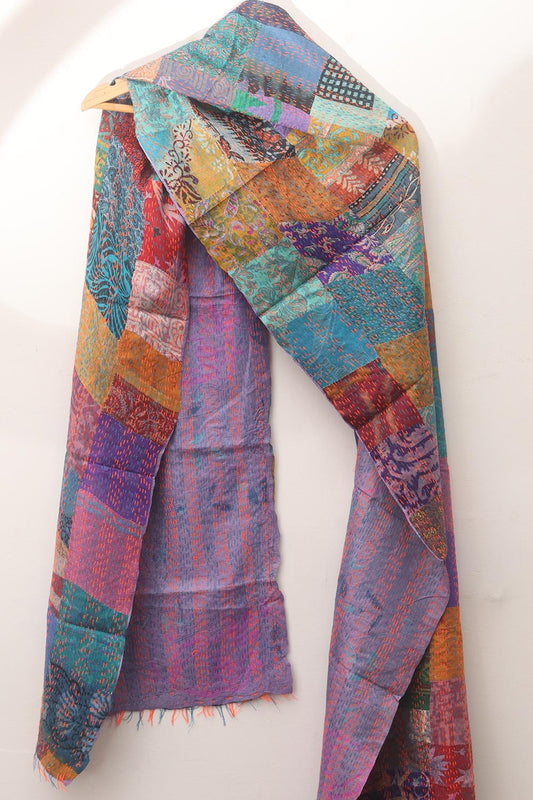 Multicolor Hand Embroidered Kantha Pure Silk Reversible Stole - Luxurion World