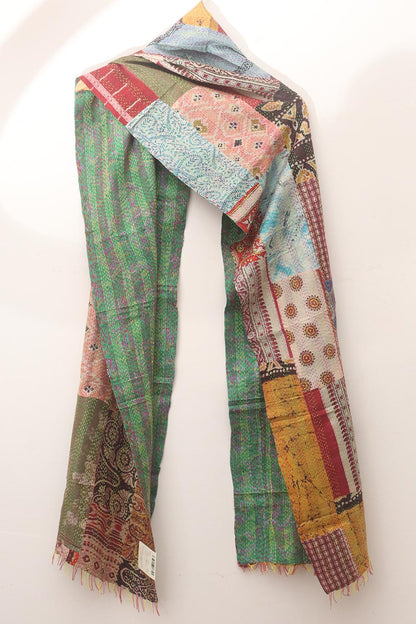 Multicolor Hand Embroidered Kantha Pure Silk Reversible Stole - Luxurion World