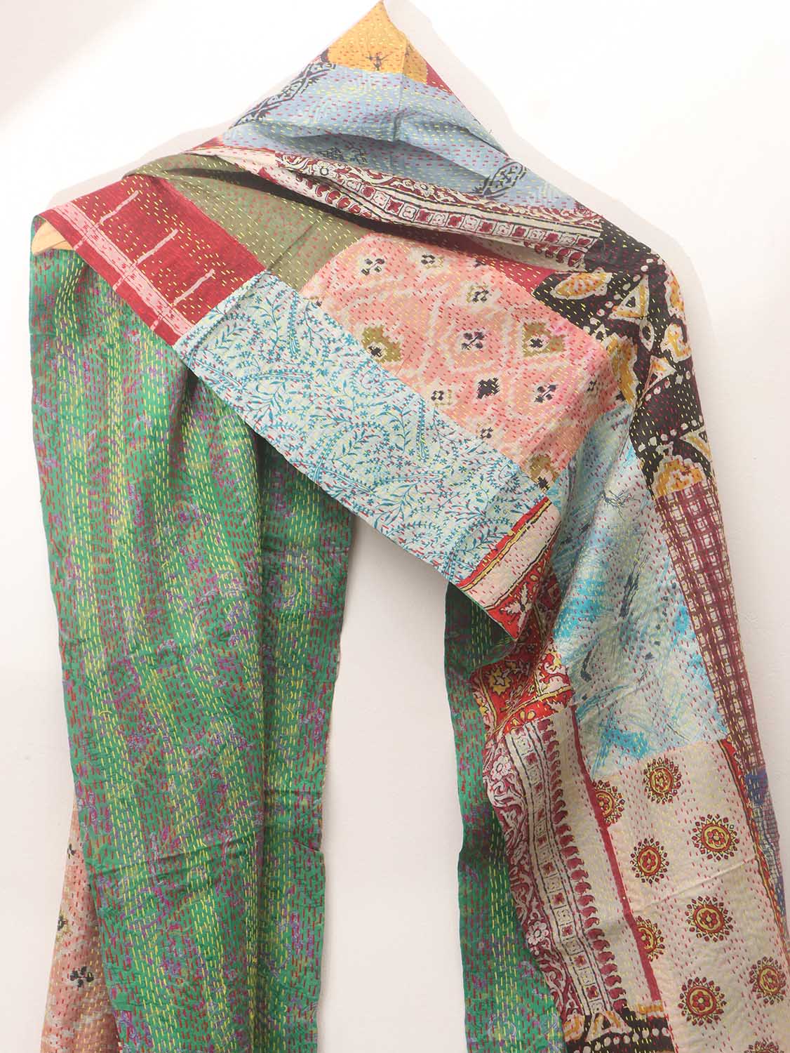 Multicolor Hand Embroidered Kantha Pure Silk Reversible Stole - Luxurion World