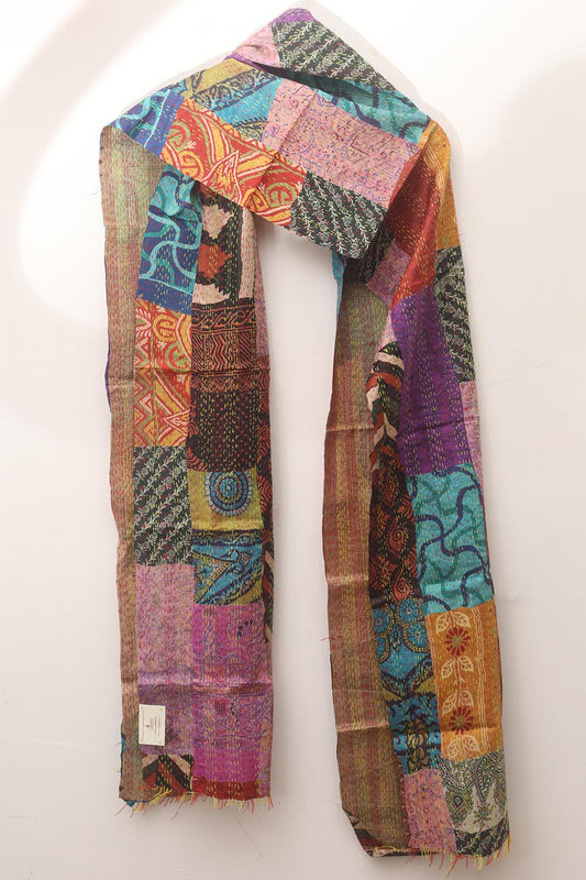 Multicolor Hand Embroidered Kantha Pure Silk Reversible Stole - Luxurion World