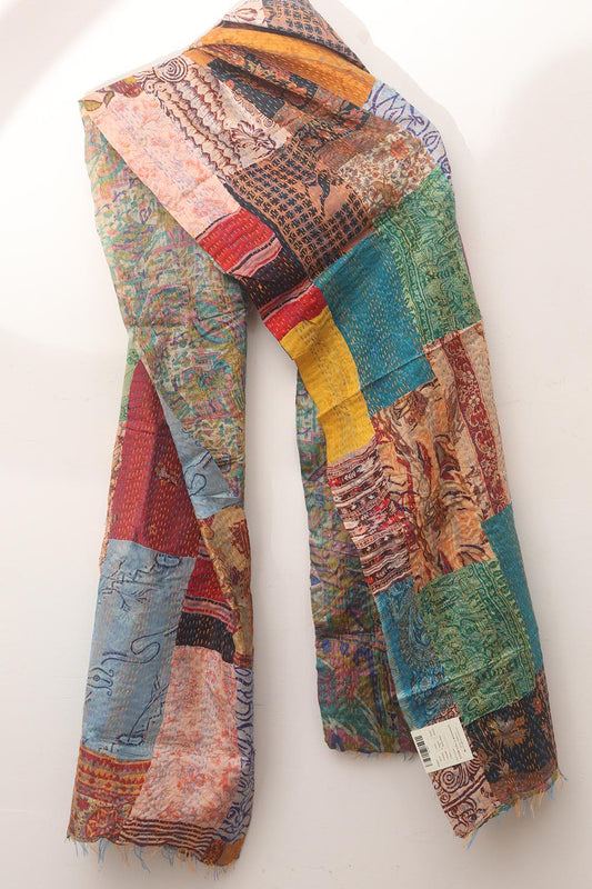 Multicolor Hand Embroidered Kantha Pure Silk Reversible Stole - Luxurion World