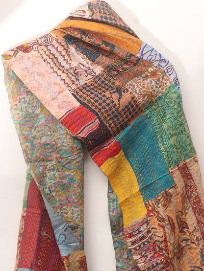 Multicolor Hand Embroidered Kantha Pure Silk Reversible Stole - Luxurion World