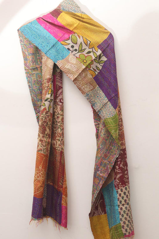 Multicolor Hand Embroidered Kantha Pure Silk Reversible Stole - Luxurion World