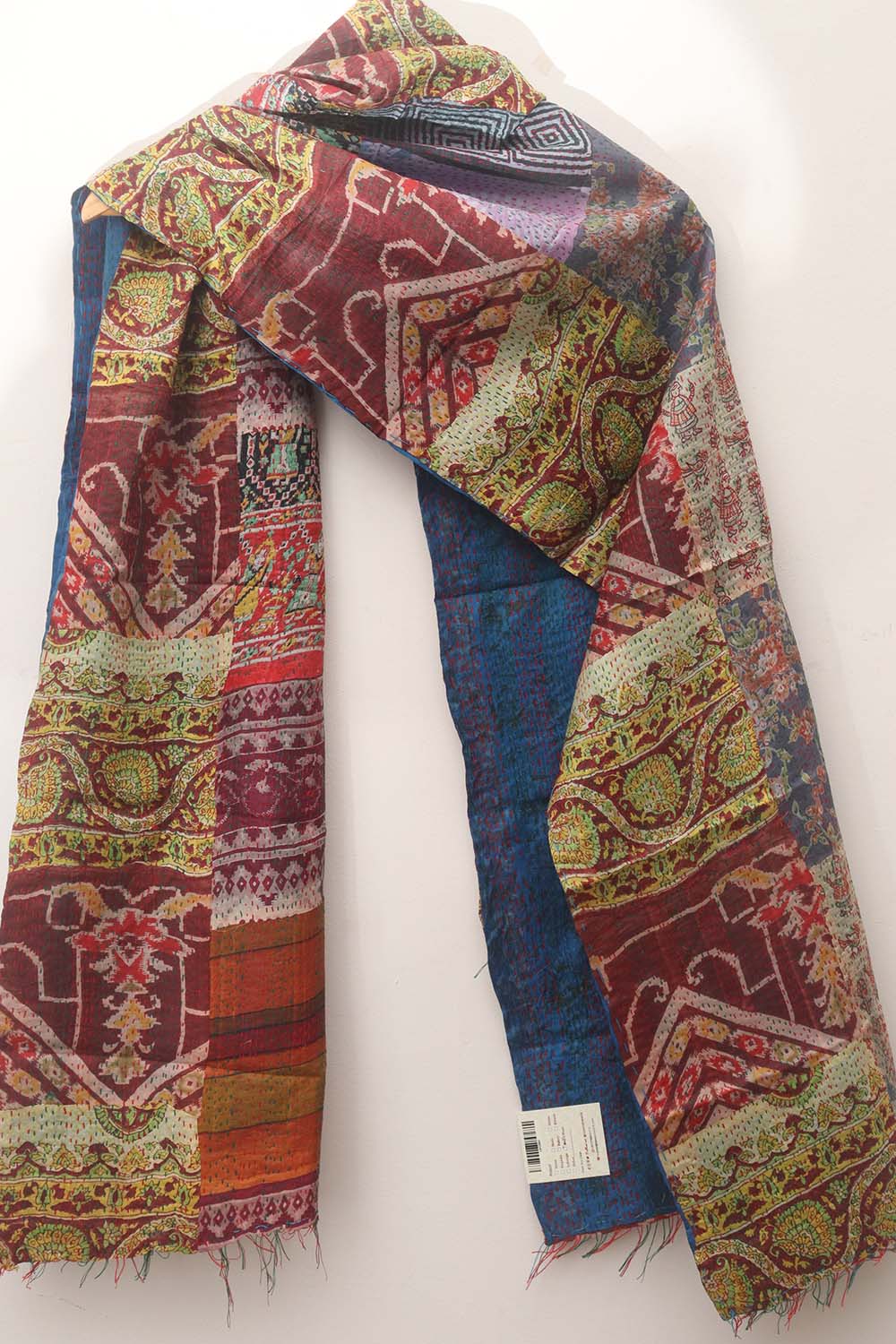 Multicolor Hand Embroidered Kantha Pure Silk Reversible Stole - Luxurion World