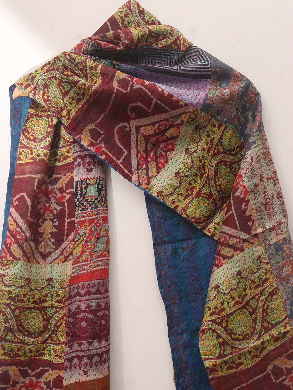 Multicolor Hand Embroidered Kantha Pure Silk Reversible Stole - Luxurion World
