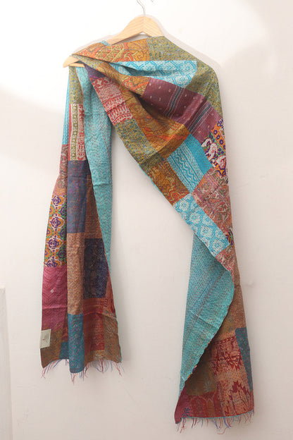 Multicolor Hand Embroidered Kantha Pure Silk Reversible Stole - Luxurion World