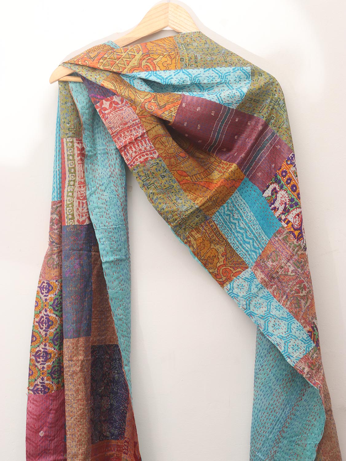 Multicolor Hand Embroidered Kantha Pure Silk Reversible Stole - Luxurion World