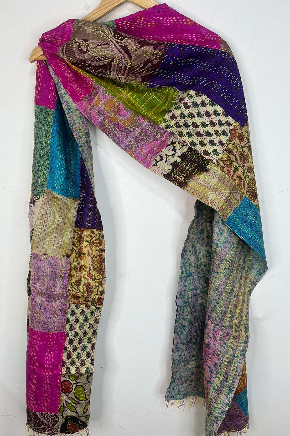 Multicolor Hand Embroidered Kantha Pure Silk Reversible Stole - Luxurion World