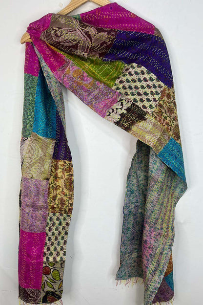 Multicolor Hand Embroidered Kantha Pure Silk Reversible Stole - Luxurion World