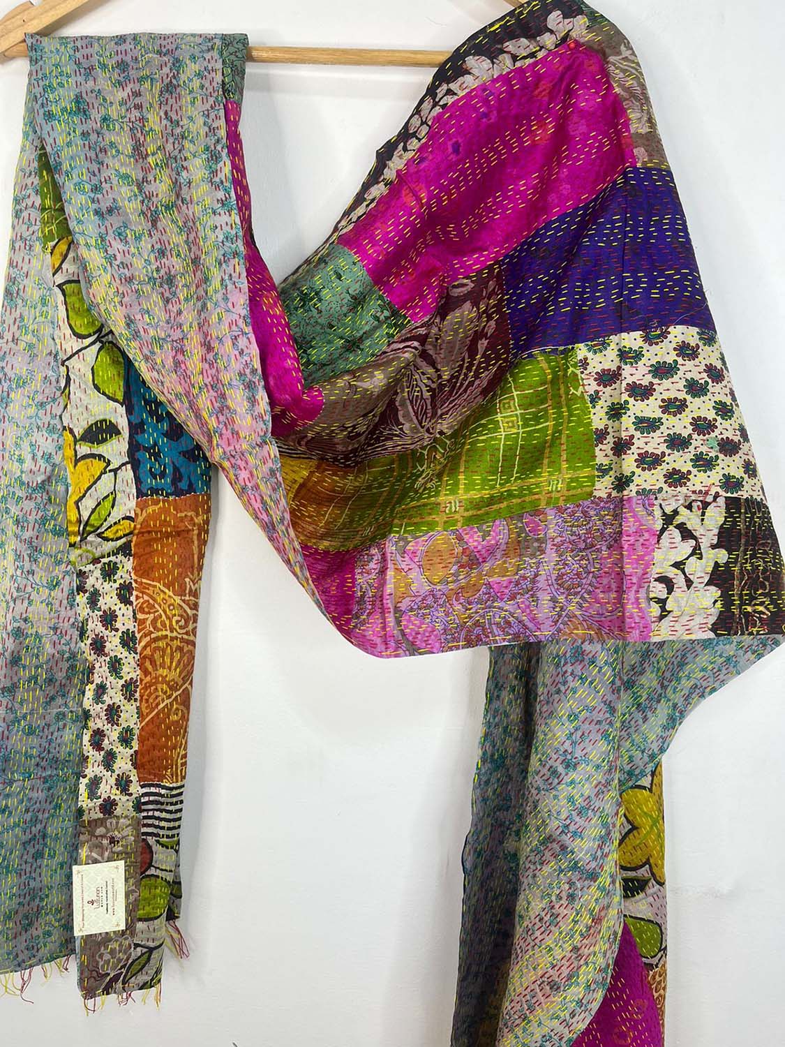 Multicolor Hand Embroidered Kantha Pure Silk Reversible Stole - Luxurion World