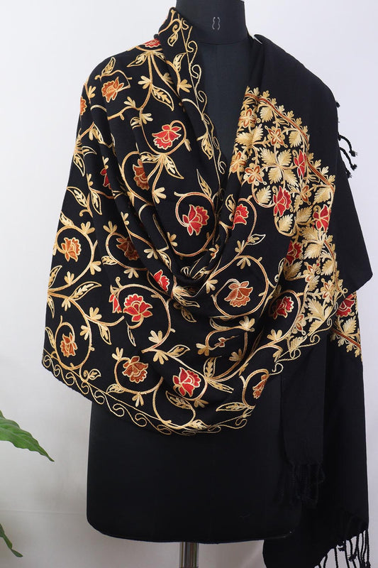 Black Embroidered Kashmiri Aari Work Woollen Stole - Luxurion World