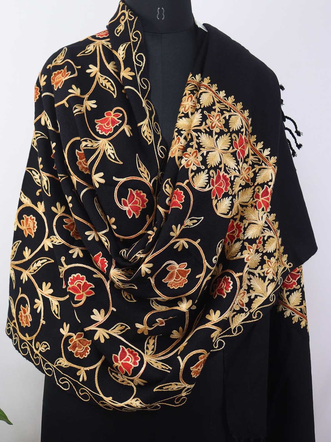 Black Embroidered Kashmiri Aari Work Woollen Stole - Luxurion World