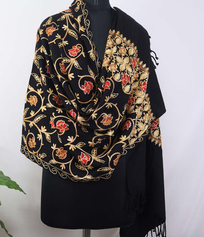 Black Embroidered Kashmiri Aari Work Woollen Stole - Luxurion World