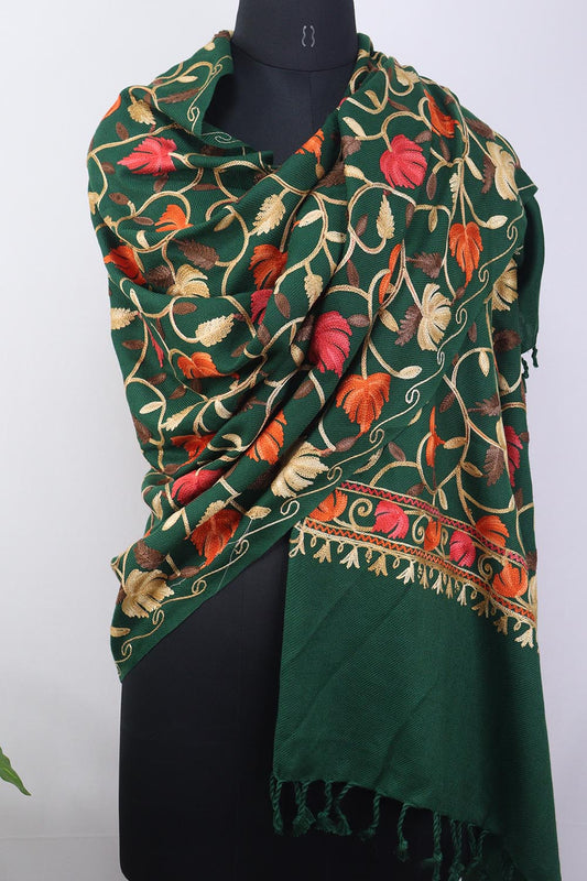 Green Embroidered Kashmiri Aari Work Woollen Stole - Luxurion World