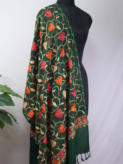 Green Embroidered Kashmiri Aari Work Woollen Stole - Luxurion World