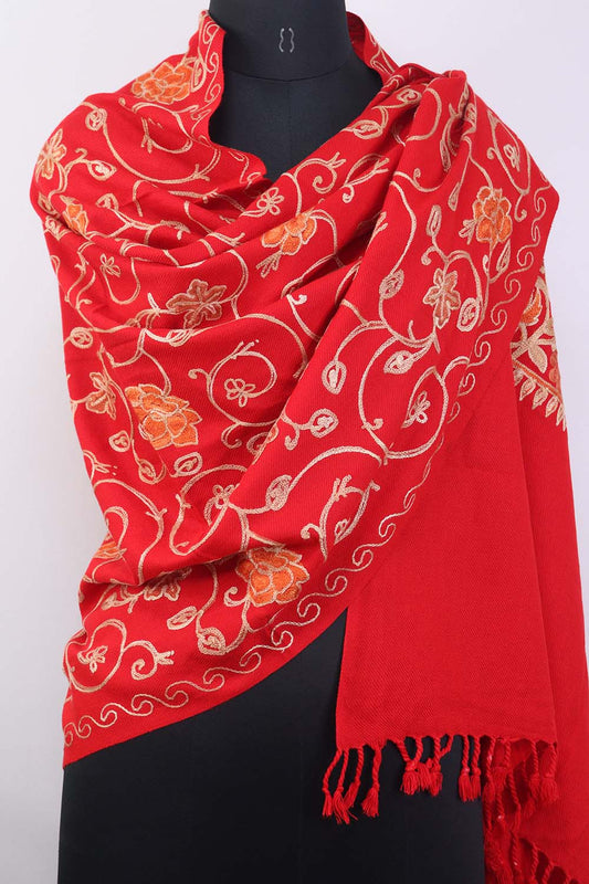 Red Embroidered Kashmiri Aari Work Woollen Stole - Luxurion World