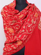 Red Embroidered Kashmiri Aari Work Woollen Stole - Luxurion World