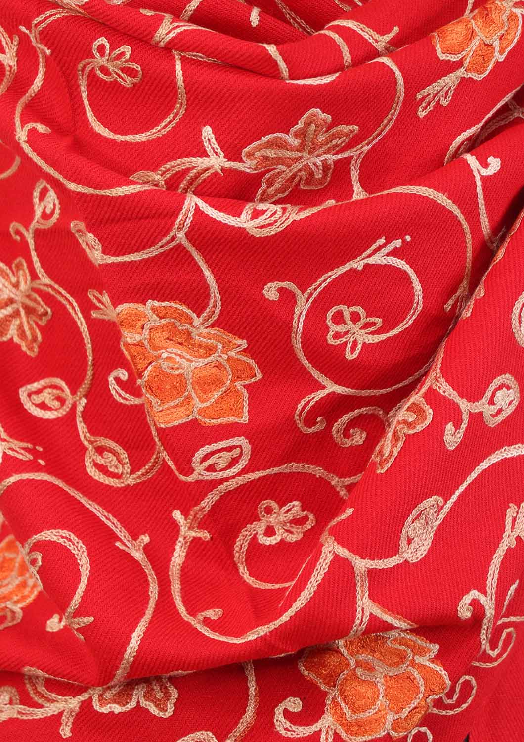 Red Embroidered Kashmiri Aari Work Woollen Stole - Luxurion World