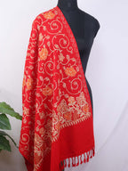 Red Embroidered Kashmiri Aari Work Woollen Stole - Luxurion World