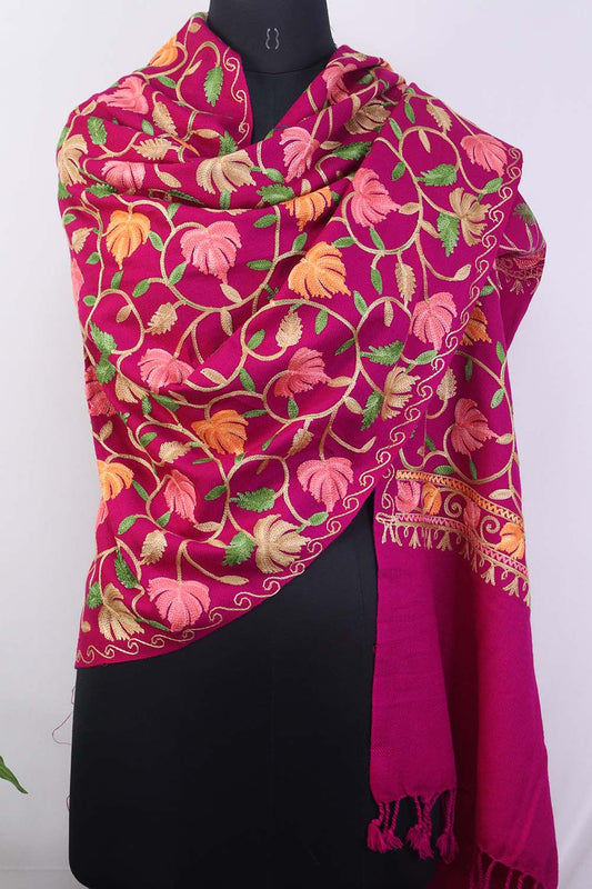 Pink Embroidered Kashmiri Aari Work Woollen Stole - Luxurion World