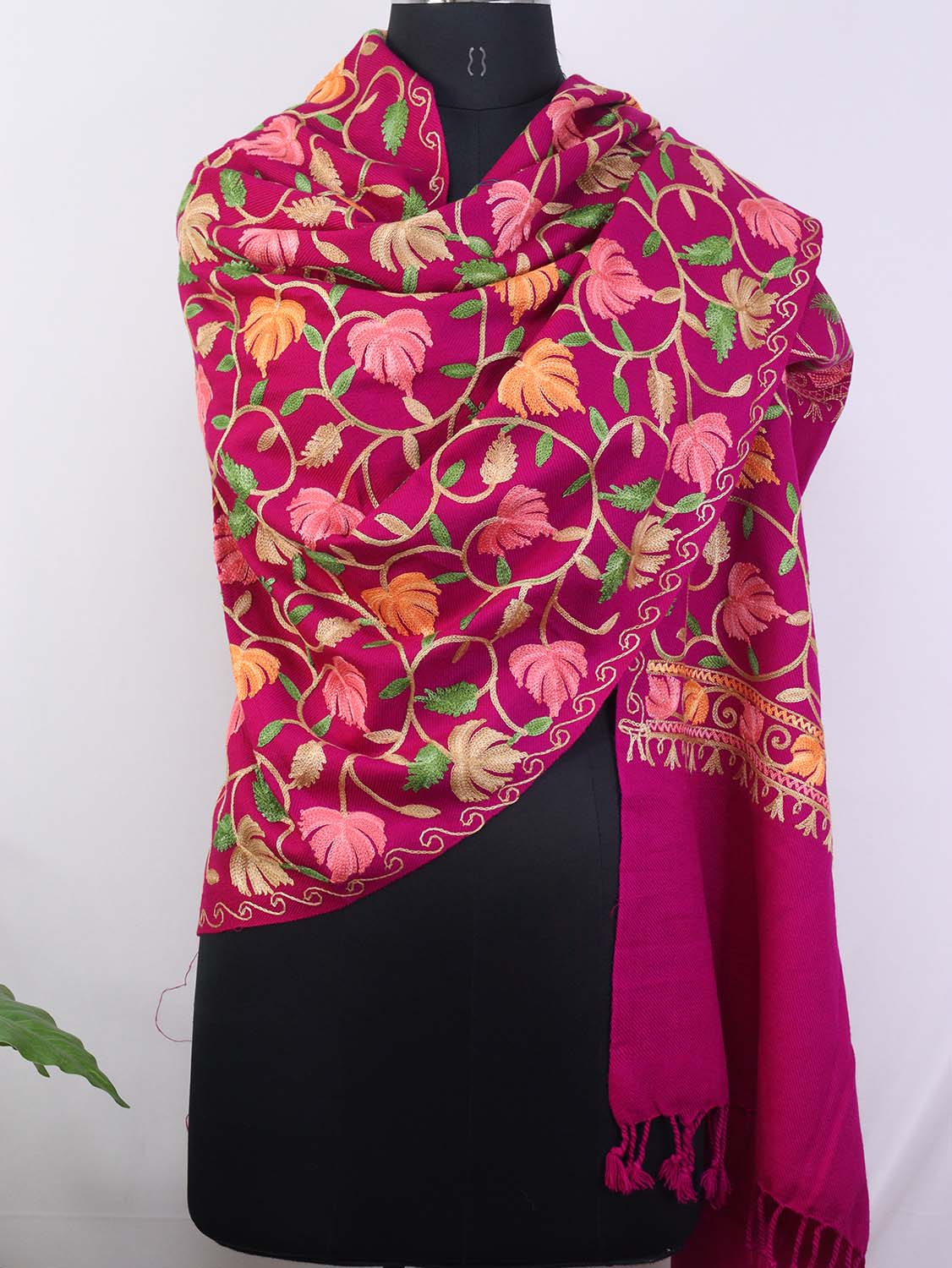 Pink Embroidered Kashmiri Aari Work Woollen Stole - Luxurion World