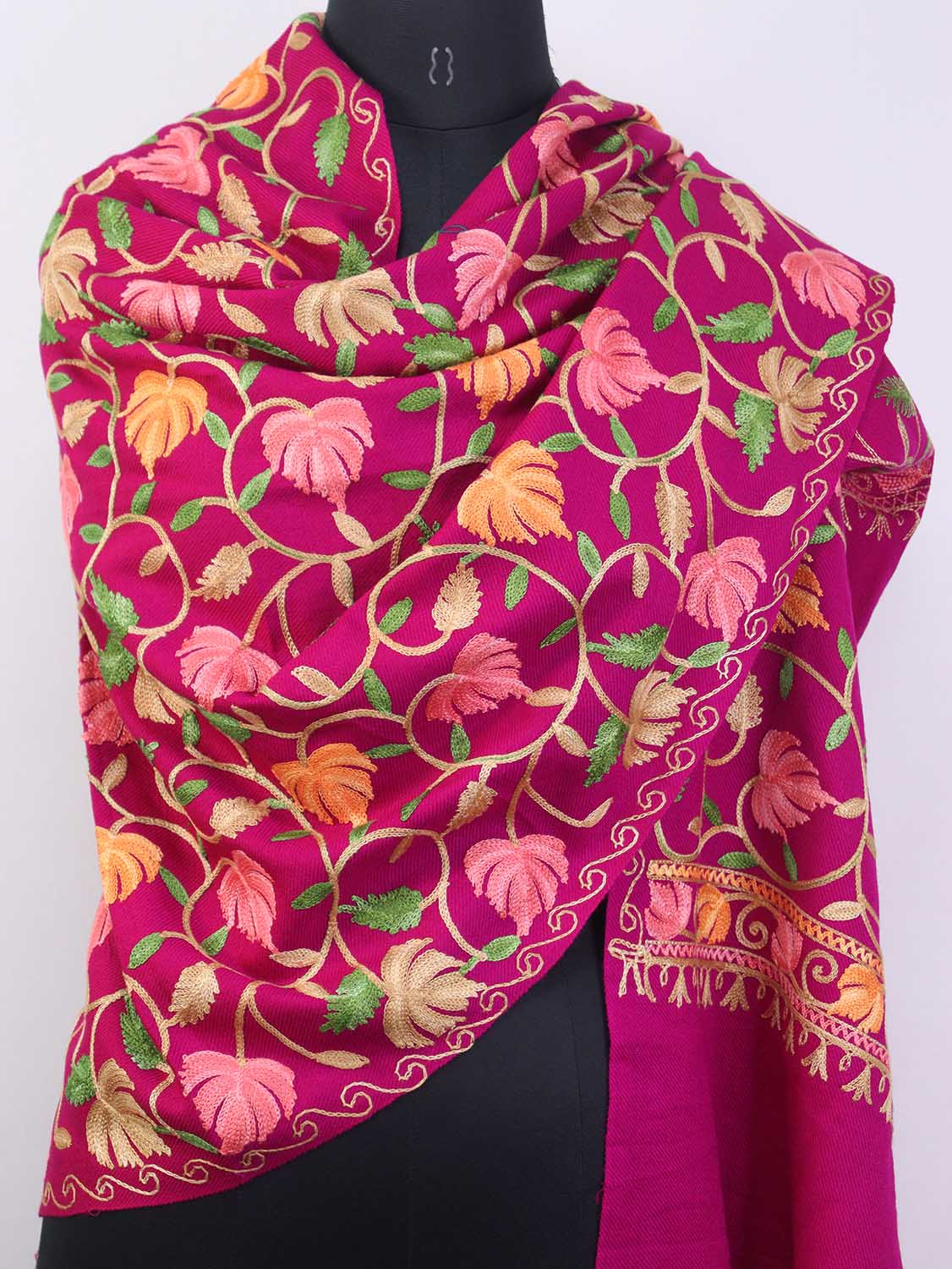 Pink Embroidered Kashmiri Aari Work Woollen Stole - Luxurion World