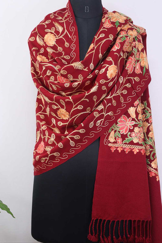 Red Embroidered Kashmiri Aari Work Woollen Stole - Luxurion World
