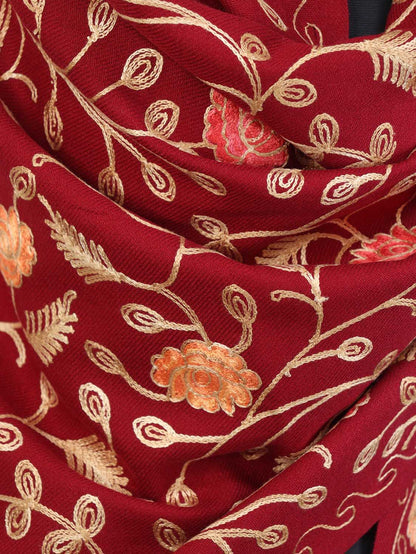 Red Embroidered Kashmiri Aari Work Woollen Stole - Luxurion World