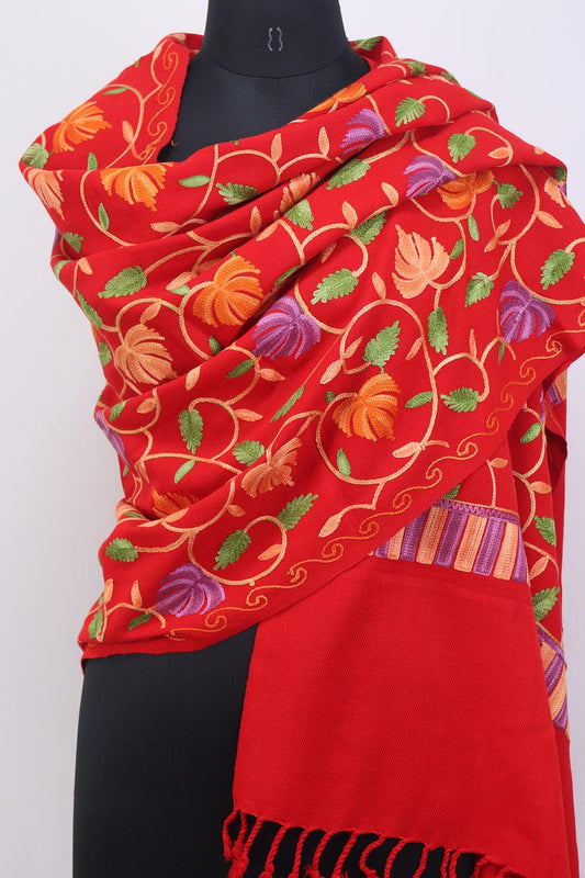 Red Embroidered Kashmiri Aari Work Woollen Stole - Luxurion World