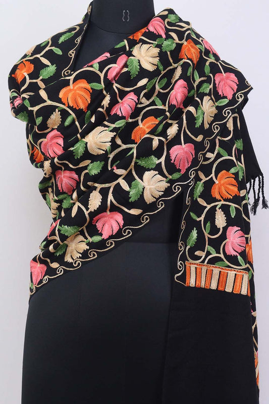 Black Embroidered Kashmiri Aari Work Woollen Stole - Luxurion World