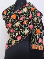 Black Embroidered Kashmiri Aari Work Woollen Stole - Luxurion World