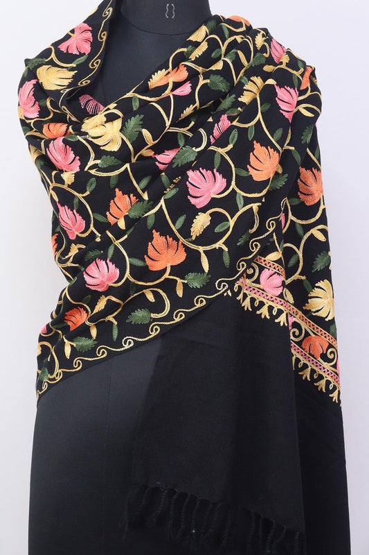 Black Embroidered Kashmiri Aari Work Woollen Stole - Luxurion World