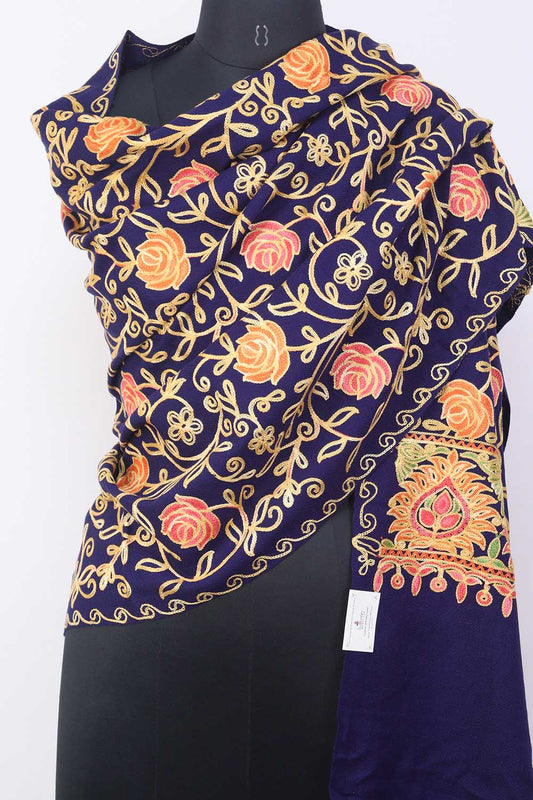 Blue Embroidered Kashmiri Aari Work Woollen Stole - Luxurion World