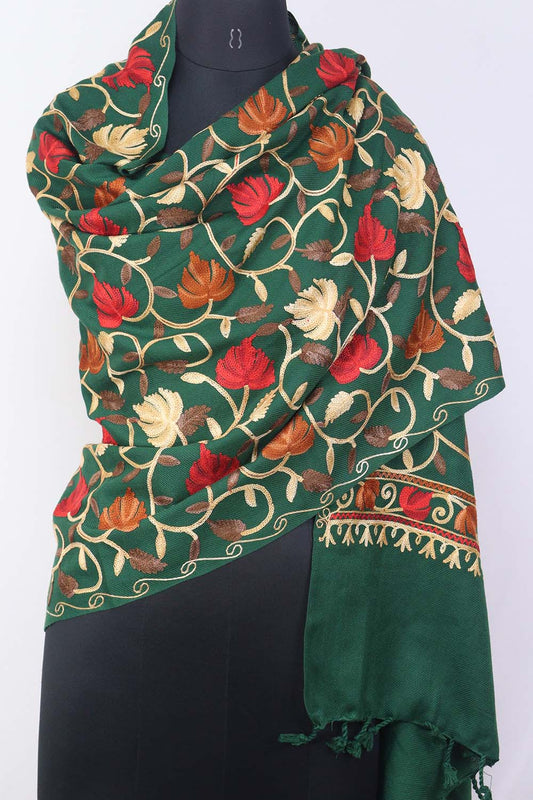 Green Embroidered Kashmiri Aari Work Woollen Stole - Luxurion World
